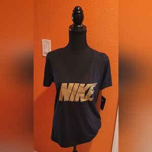 NWT Women's Nike Black V-Neck T-Shirt with Gold Logo, Size M